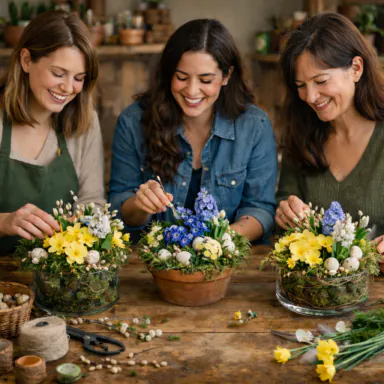 Frauen gestalten Blumenarrangements in Workshop, fröhliche Atmosphäre.